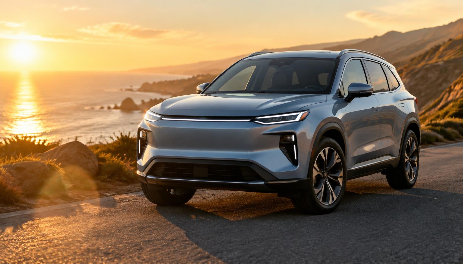 A modern SUV parked on a coastal road at golden hour